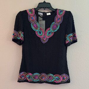 NWT Stenay Vintage 1980’s Beaded Silk Top Colorful Metallic Sequin Size Small